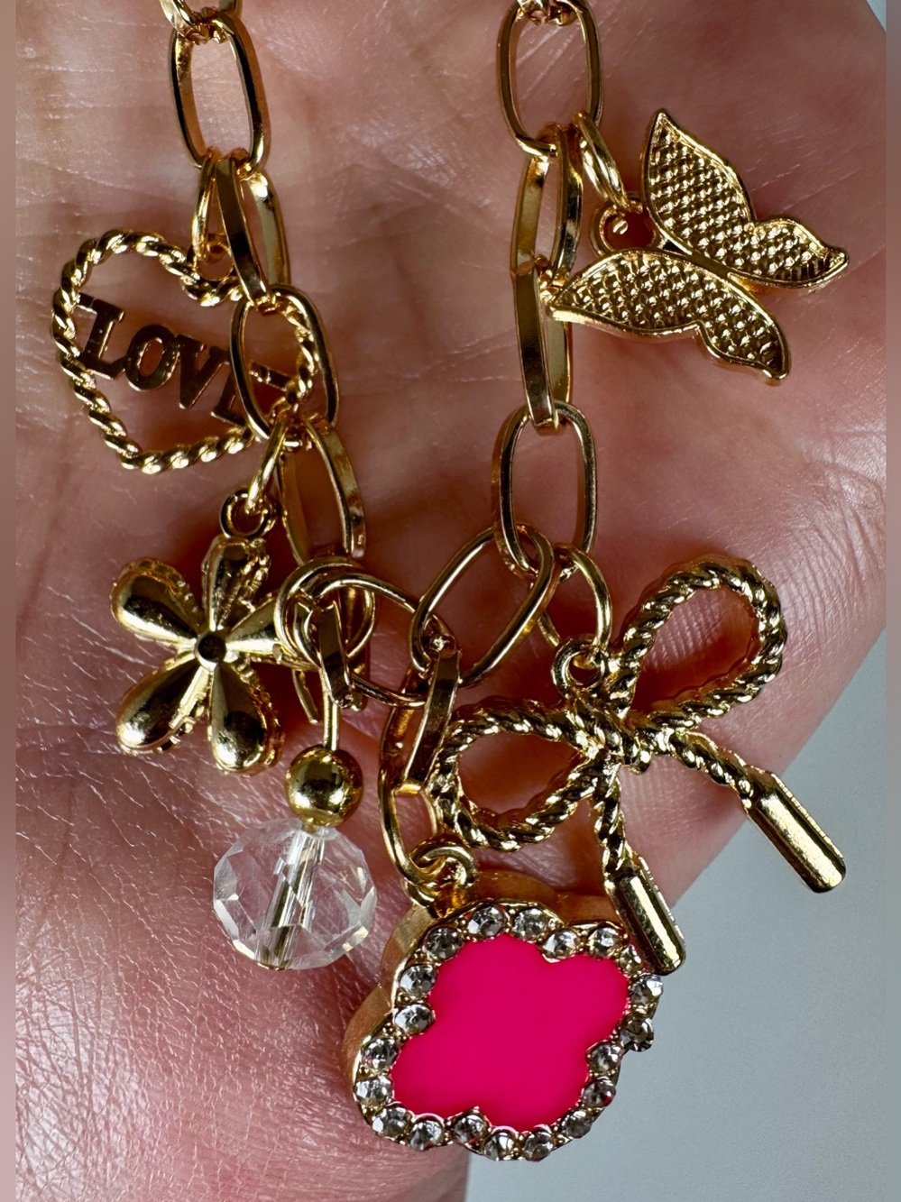 Gold-tone Charm Bracelet with Hot Pink Clover & Various Charms #1160